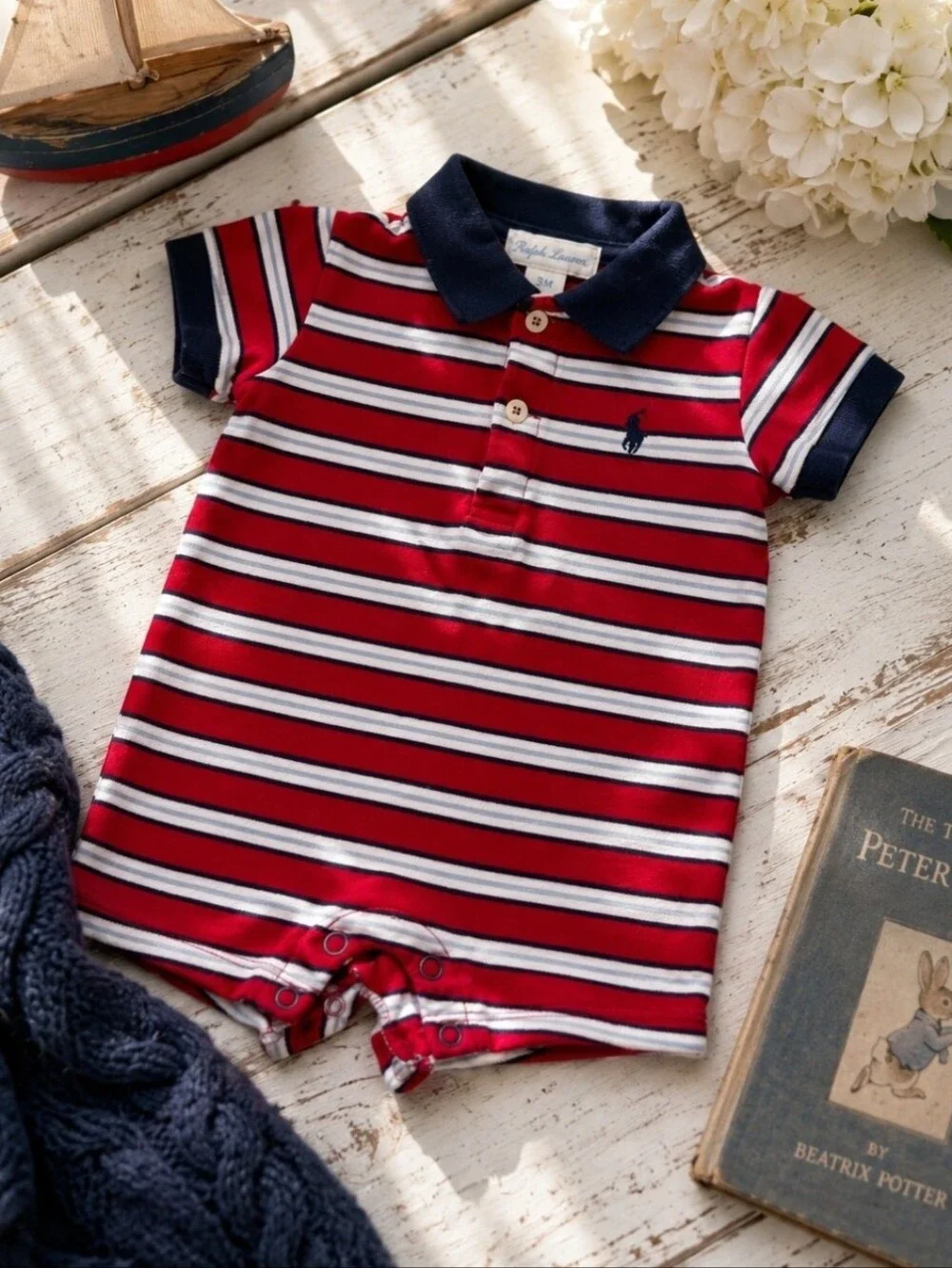 Vintage Ralph Lauren Baby Romper 3M Red Navy Striped Polo Shortall USA Summer